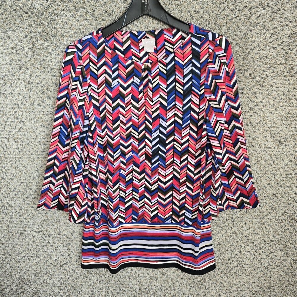 Chicos Top Womens 0 US Small Pink Printed Keyhole Neck 3/4 Sleeve Blouse Ladies